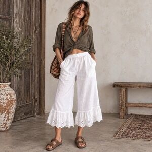 Puro Lino S/M White 100% Linen Crop Pants Eyelet Ruffle Hem Coastal Boho
